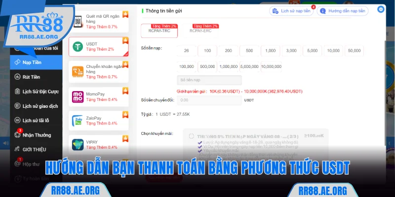 Hướng dẫn bạn thanh toán nạp tiền RR88 bằng phương thức USDT